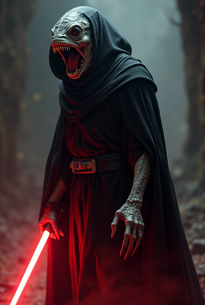 A Sith from Star Wars, mix of fish and human, dotted, black cape with hood, dark atmosphere, frightening, scary, red lightsaber, ultra-realistic