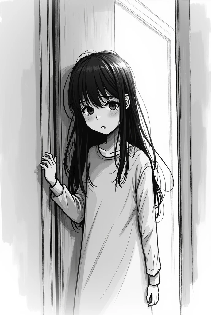 generate a girl, her hair is short and she's wearing long sleeve. but the art style must be black and white and a sketch, like a drawing from a pencil or pen only there's no other color in it.
Make it a comics. and the prompt is she lock herself in her room feeling upset.
That's right but make her hair long until her shoulder