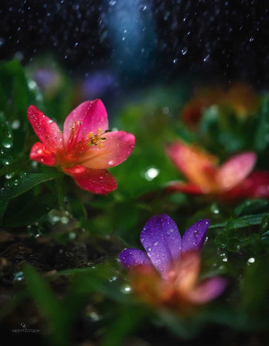 Realistic photo of the world in the year 0 when there was no human civilization or animal kingdom, When heaven and earth were all and everything was darkness, many shadows, no light. Small crystals on the ground from the rain xe stars.