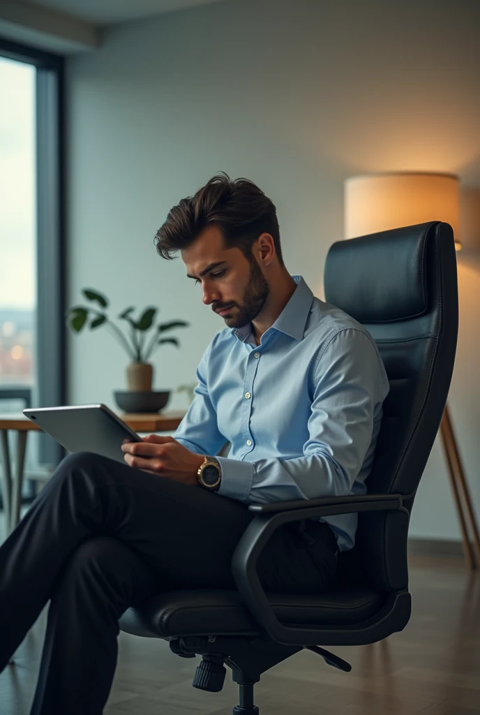 A young man thinking sitting office chair with a tablet on his hand