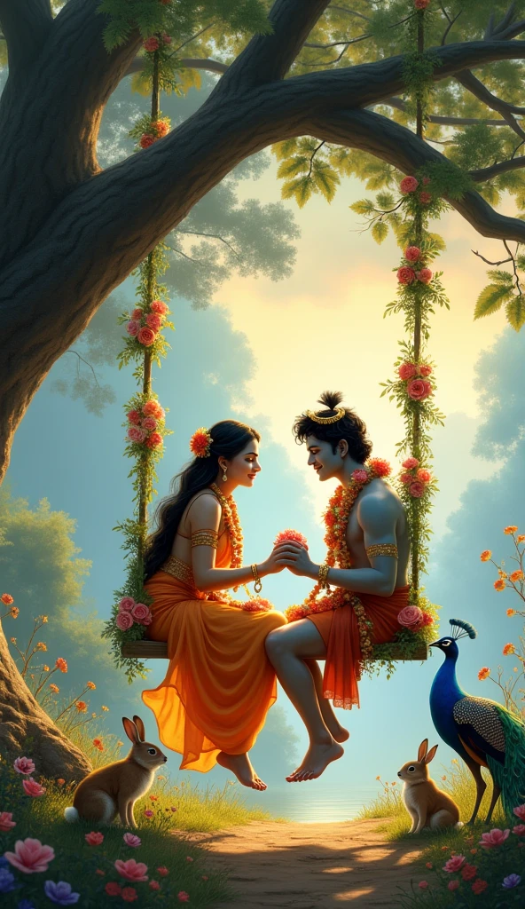 "Describe a serene evening scene where Radha sits on a swing adorned with flowers beneath a large tree. Krishna, wearing a garland of flowers and peacock feathers, swings nearby with a joyful smile. The cool breeze gently rustles the surroundings, and near the swing, two rabbits are playing while a peacock stands nearby. Capture the peaceful and enchanting atmosphere of this setting and the interaction between the characters and their environment."