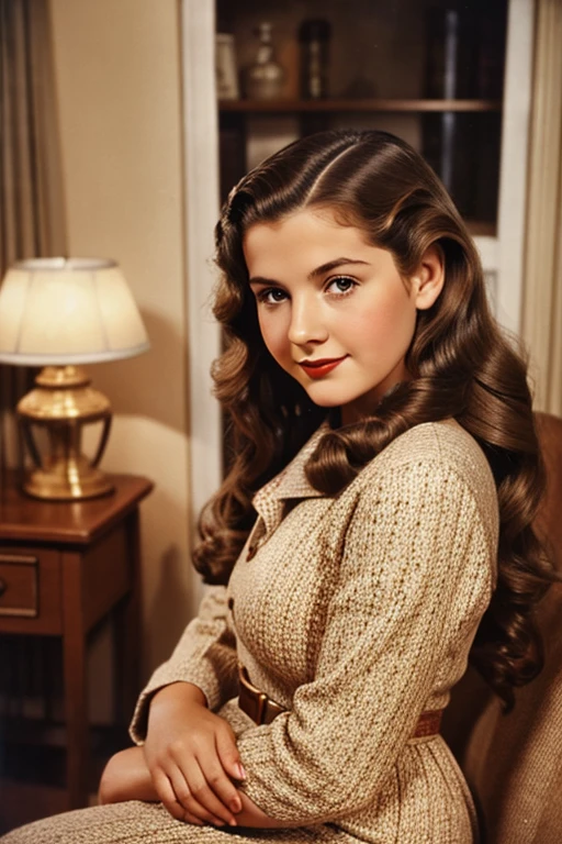 Medium view, of young aged, 16 year old, mom, gilf, milf, face portrait, jewish features, long hair, brown hair, 1940s hair style, 1940s dress, in cozy home 1936,