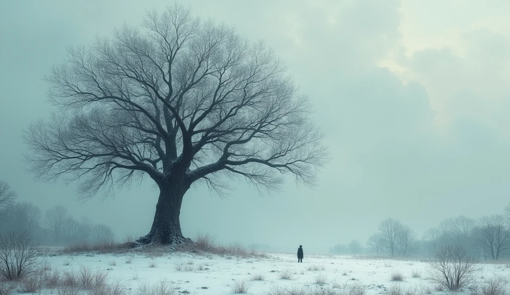 Barren lays the tree in a deep slumber,
Naked are its branches with no leaves for cover. 
For winter reings over the skies but it doesn’t plan to stay forever.