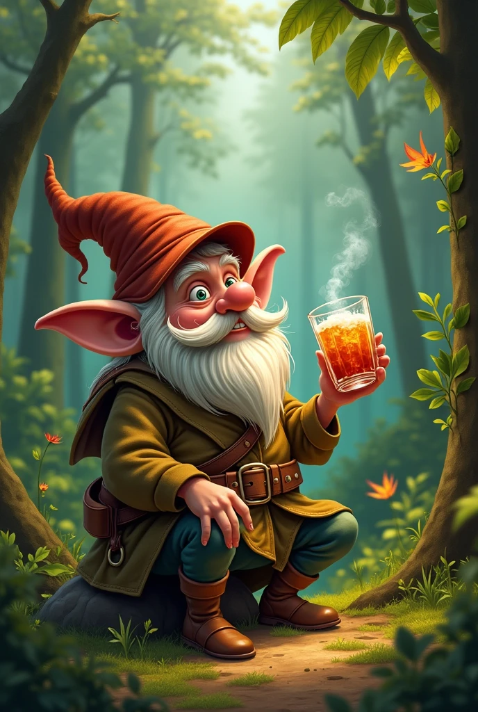 Gnome drinking cachaça in the forest