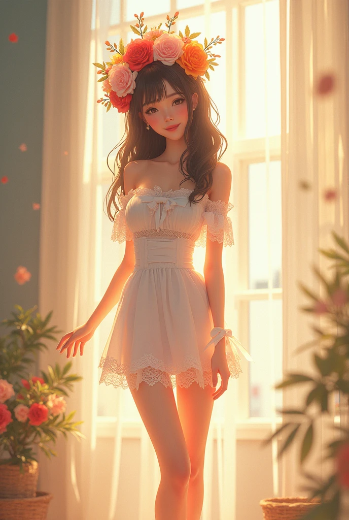 Ultra high quality，High heel，Long legs，Smile，Sunlight，Lace off-the-shoulder，White Dress，Wear flowers on your head，student，charming，Ribbon，Lace mini skirt