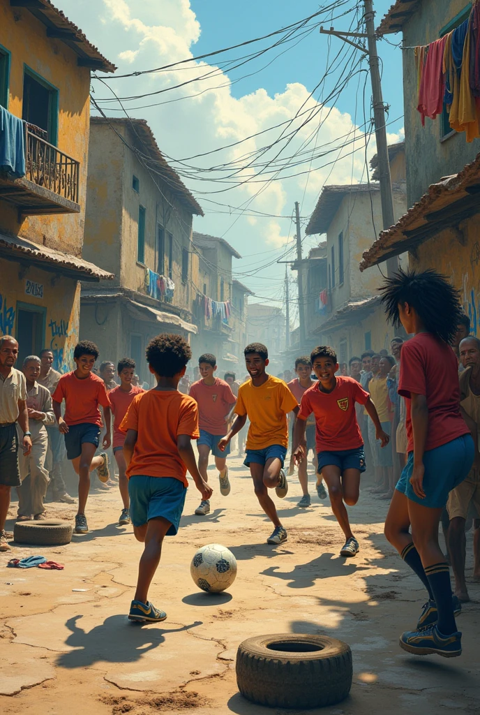 Make me an image about a poor neighborhood and football
