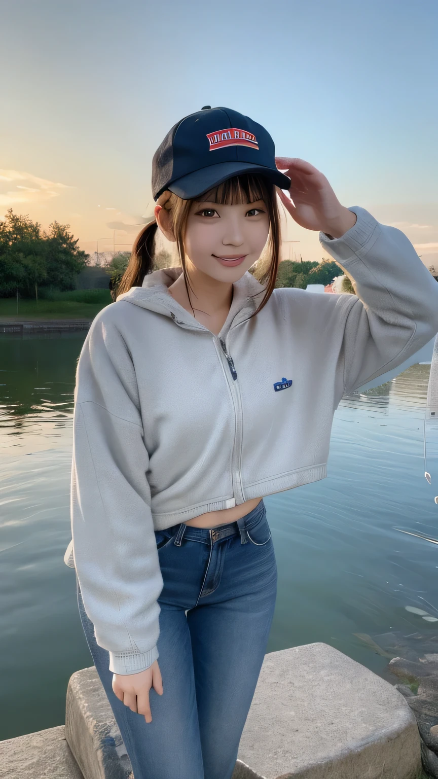 Best image quality (8k, High resolution, masterpiece: 1.2), Very detailed, Random Hairstyles, 26-year-old woman,
Extraordinary beautiful girl、Cute and beautiful face details、(Dealing with the Children_v1:0.008)、
score_9, score_8_upper, score_7_upper,
situation: A fishing girl enjoys early morning fishing on a quiet lakeside。The water surface sparkles in the morning sun.、She is staring at the float with a serious expression.。
system: Sitting on a small stone on the lake shore、Holding the fishing rod tightly。One foot on the ground、The other one is sitting with his knees up。
Camera angle: A shot of her from behind、Capture the tip of your fishing rod and the sunrise over the water together。I can see her concentrated expression.。
clothing: A light fleece jacket and jeans、Wearing waterproof boots。Wear a cap on your head、Hair tied in a ponytail。
,Active stop temporarily ,
On her side、The thunder danced。
Focus on the upper waist
, Random cute poses ,Big eyes ,Puffy eyes , Heart pupil, blush , Big shy smile , salute