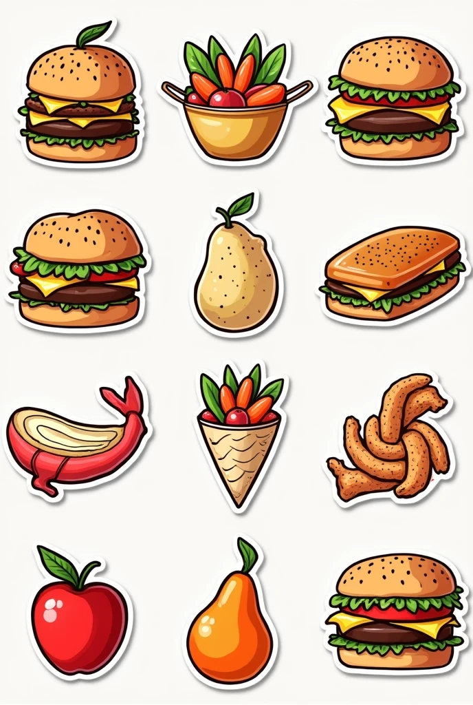 show the sticker about food in 12 image 12 picture different type. less burger