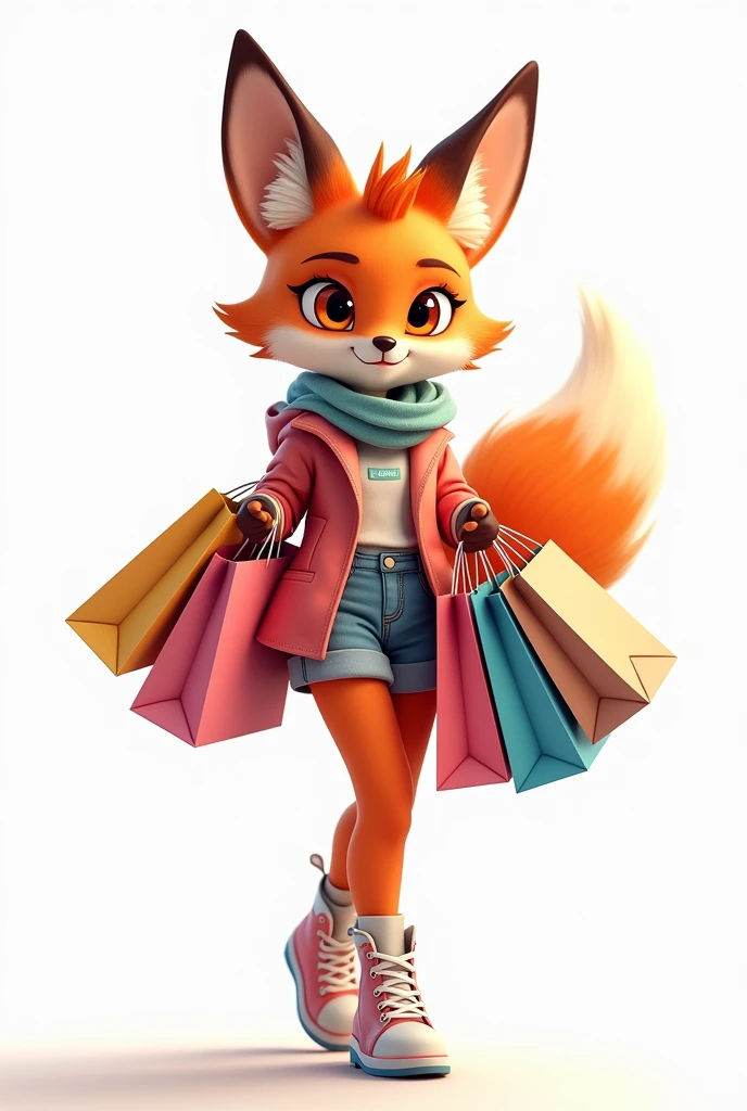I want to create an avatar for my TikTok channel called Shopping Addict. Avatar size requirement is square, White background, female fox (face to face) The stylish girl is shopping for a lot of things. (Hand carrying many bags)