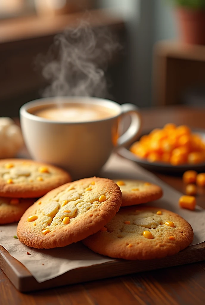 Cookies , spicy sweet corn, coffee