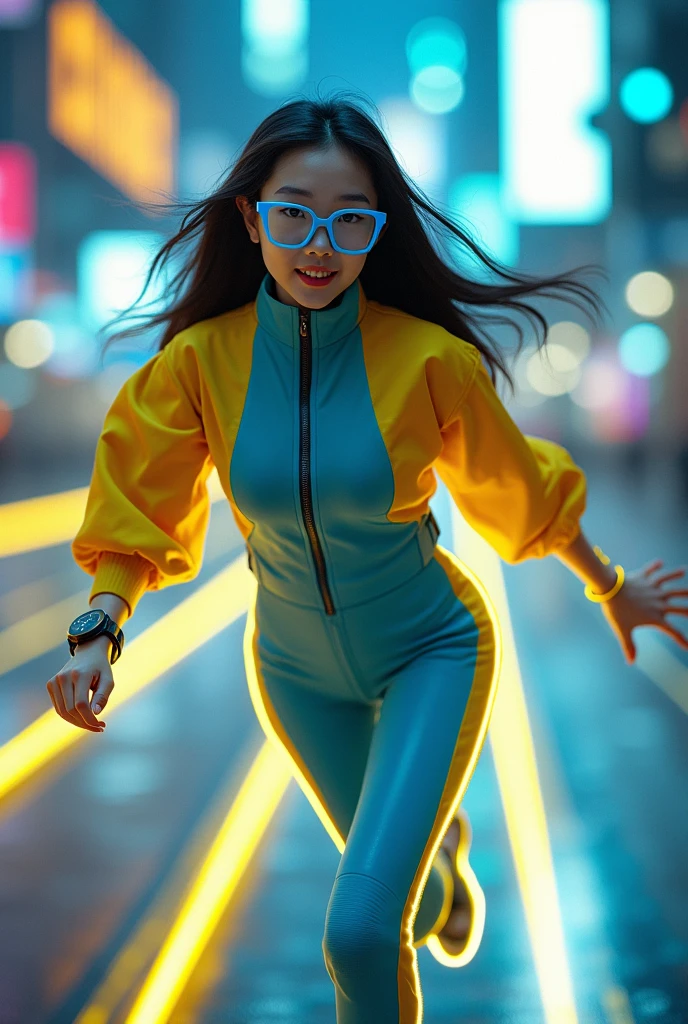 Chinese japan women average wear jumpasuit high tech(( blue yellow)). Running effect. Glowing yellow power. Runfast effect. Wear blue big glasses big frame.running speed of light. running athlete. Braces teeth. Bokeh background. Panning effect. Yellow high tech watch. a beautiful young chinese women, , wearing a high-tech blue and yellow loose jumpsuit, photorealistic, detailed facial features, long hair, elegant pose, dynamic lighting, 8k, award-winning digital art, intricate details, vibrant colors, cinematic composition. very fasr run, highly detailed. light trail effect. speed of light. froze time effect. at the city.