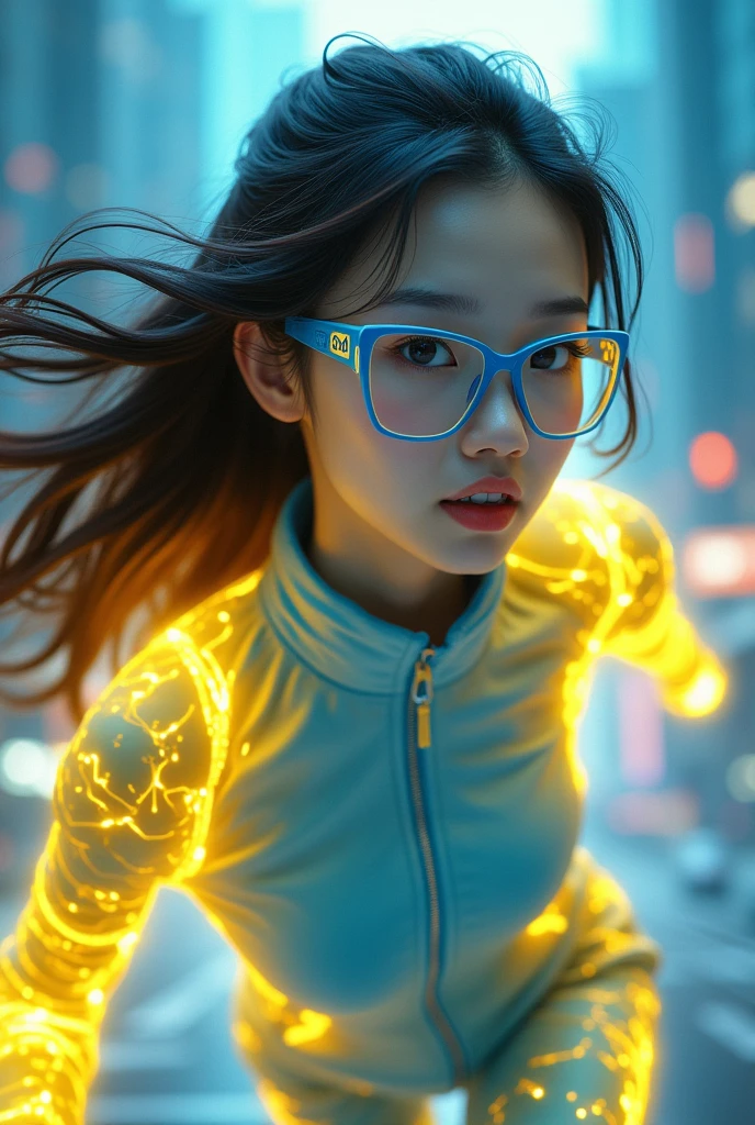 Chinese japan women average age 15 year old wear jumpasuit high tech(( blue yellow)). Running effect. Glowing yellow power. Runfast effect. Wear blue big glasses big frame.running speed of light. running athlete. Braces teeth. Bokeh background. Panning effect. Yellow high tech watch. a beautiful young chinese women, , wearing a high-tech blue and yellow loose jumpsuit, photorealistic, detailed facial features, long hair, elegant pose, dynamic lighting, 8k, award-winning digital art, intricate details, vibrant colors, cinematic composition. very fasr run, highly detailed. light trail effect. speed of light. froze time effect. at the city.
