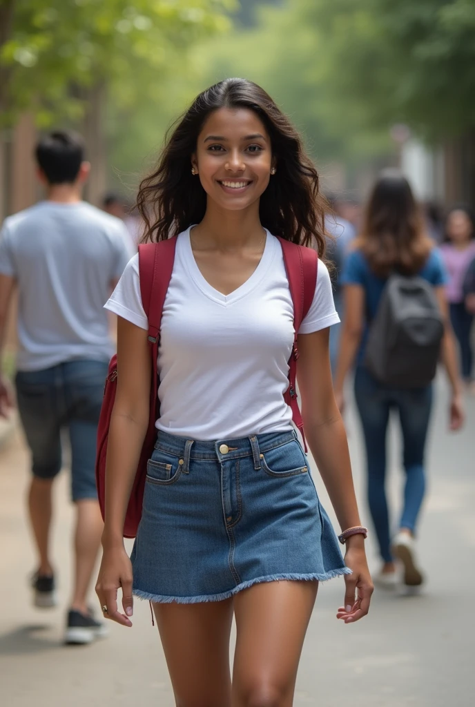 Super beautiful attractive indian teenager school girl showing F-cup big boobs going to school by walking wearing tight sort top and school skirt. People are looking at her.