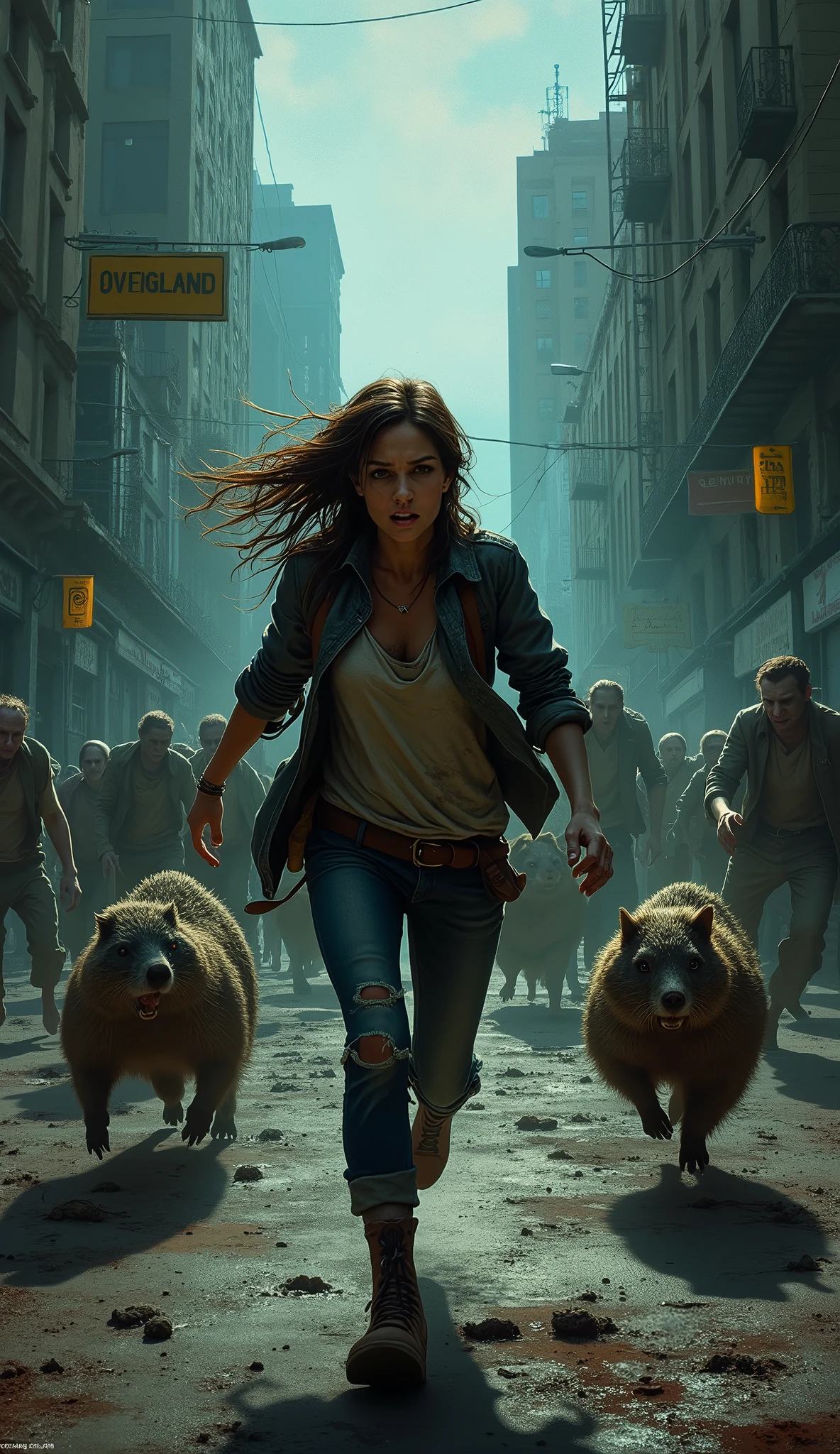 "A dramatic and intense book cover featuring a woman desperately fleeing from a horde of zombies. The woman is in the foreground, expressing fear and determination through her expressions. Dressed in tattered clothing, she is running down a dark, deserted city street. Creepy and scary looking zombies are closing in on her. The scene is dark and atmospheric, with a gritty and realistic style. The book's title is prominently displayed at the top in a bold, aged font, followed by a swarm of wombats chasing her."

