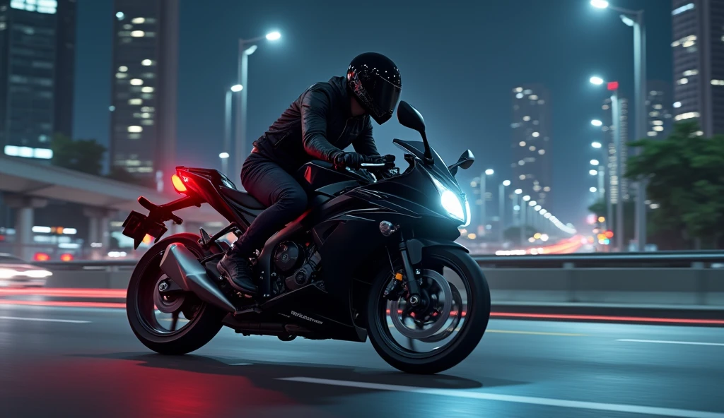 3D anime illustration, A 20-year-old, thin, 1.80-meter-tall young man with his black Honda Sport CB1500cc motorcycle, wearing a complete black jacket with a sports helmet. Back to Jakarta at night. The streets look quieter with street lights on. Tall buildings with city lights create a beautiful night view.

The Honda Sport CB1500cc motorcycle drives steadily on a quieter highway. The camera takes a view from above, highlighting the motorcycle crossing the city streets confidently.