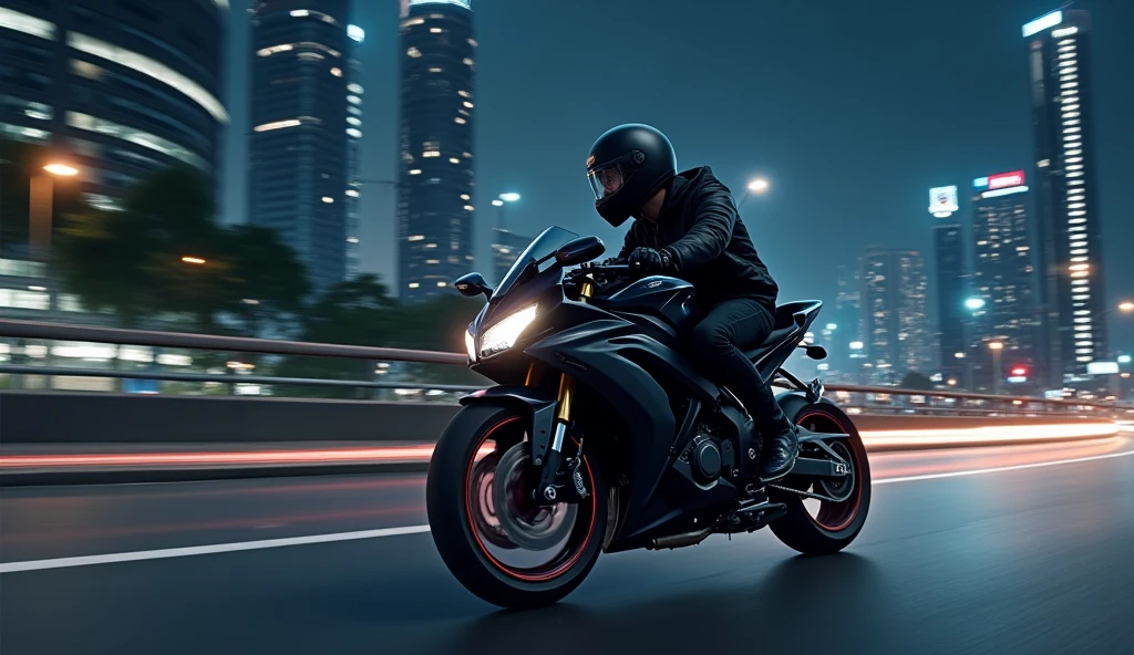 3D anime illustration, A 20-year-old, thin, 1.80-meter-tall young man with his black Honda Sport CB1500cc motorcycle, wearing a complete black jacket with a sports helmet. Back to Jakarta at night. The streets look quieter with street lights on. Tall buildings with city lights create a beautiful night view.

The Honda Sport CB1500cc motorcycle drives steadily on a quieter highway. The camera takes a view from above, highlighting the motorcycle crossing the city streets confidently.