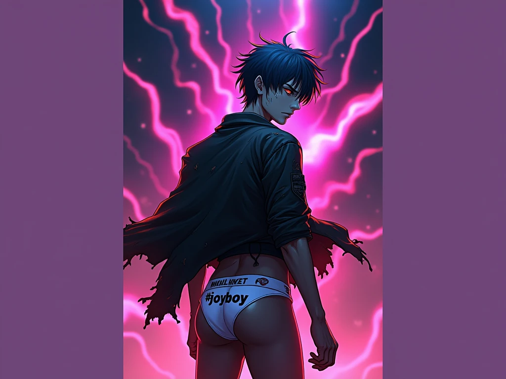 serious man, black ragged jacket, white panties with text saying "#JOYBOY", anime style, drawing art, malevolent aura, stunning lights, pose with the back looking to the right, underwear as the focus of the image