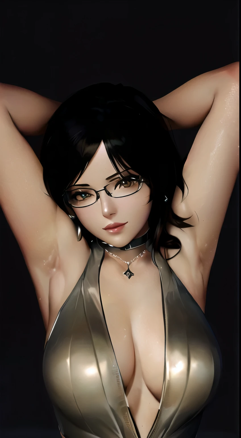 there is a woman in a shiny dress and glasses posing, seductive tifa lockhart portrait, photorealistic anime girl render, portrait of tifa lockhart, glamorous tifa lockheart, tifa lockhart portrait, gordon freeman as a woman, tifa lockhart, tifa, second life avatar, 3d anime girl, tifa lockheart, high res render, seductive anime girl, yellow bright eyes, good eyes, good quality eyes, smooth armpit with beauty mark on it