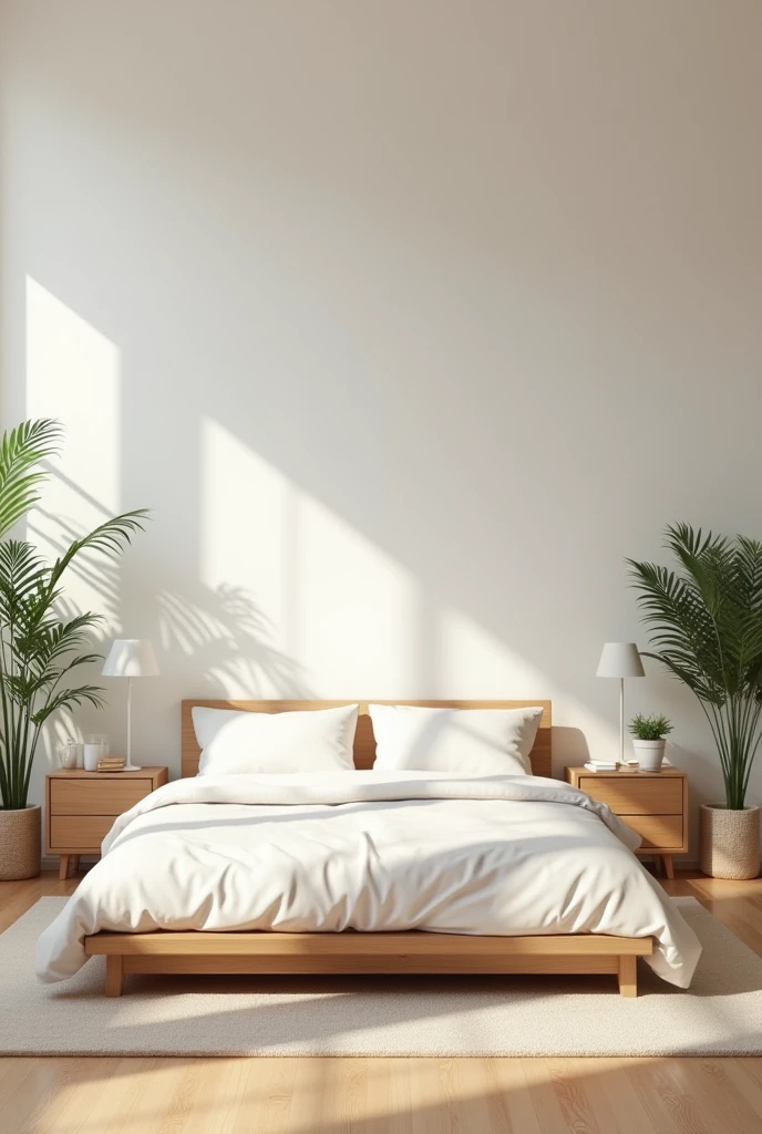 (masterpiece) (detailed description) (best quality) minimal looking bedroom design, feminine theme, light color with clean paint theme, bed room of women, clean, wooden flooring, king size minimal bed, perfectly organised room, dynamic angle, plants