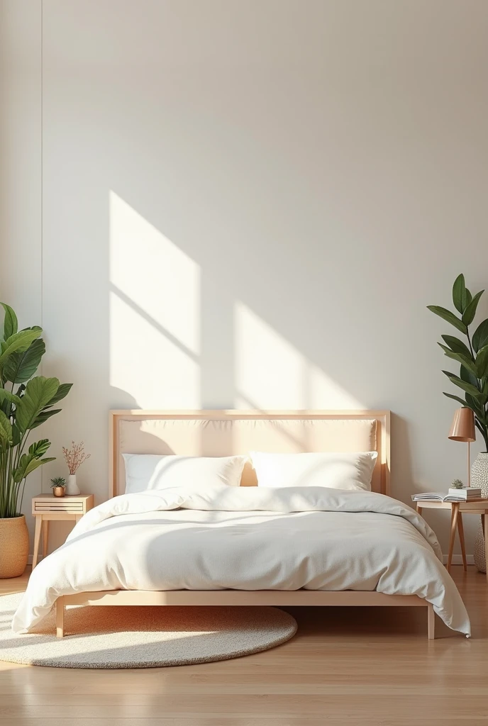 (masterpiece) (detailed description) (best quality) minimal looking bedroom design, feminine theme, light color with clean paint theme, bed room of women, clean, wooden flooring, king size minimal bed, perfectly organised room, dynamic angle, plants