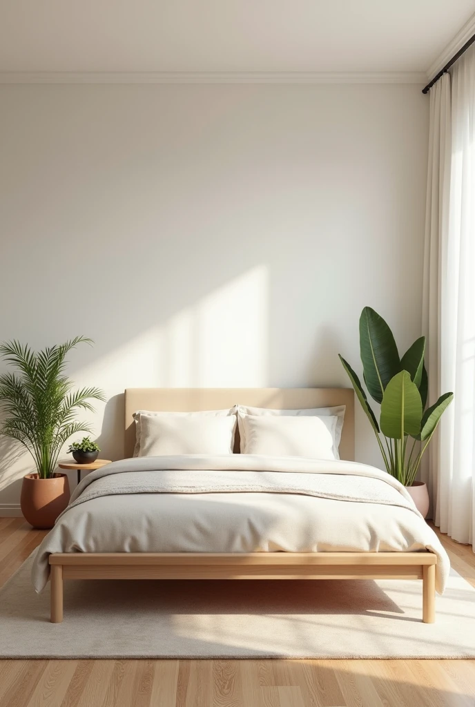 (masterpiece) (detailed description) (best quality) minimal looking bedroom design, feminine theme, light color with clean paint theme, bed room of women, clean, wooden flooring, king size minimal bed, perfectly organised room, dynamic angle, plants