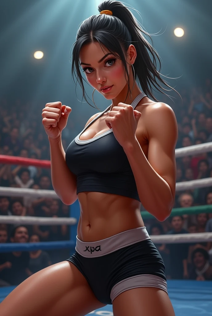 Professional female bantamweight boxer、Wear a tight tank top and running shorts., His fist clenched、With a confident smile, He clenched his fists and attacked the audience、in dynamic pose、boxing ring、During a boxing match、The crowd is gathering。