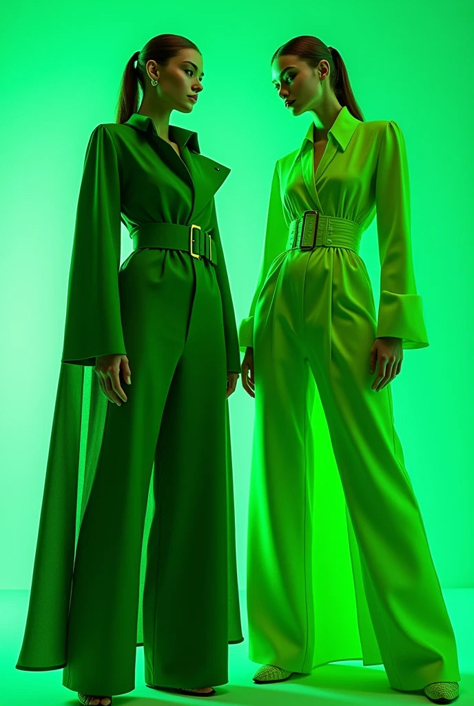 arafed image of a woman in a green dress and a woman in a green dress, wearing green clothing, green clothes, green clothing, wearing green, green tonalities, 2 0 2 0 fashion, monochromatic green, futuristic solid colors, green hue, wearing futuristic, green neon details, balenciaga fashion, green neon, olive green, neon green