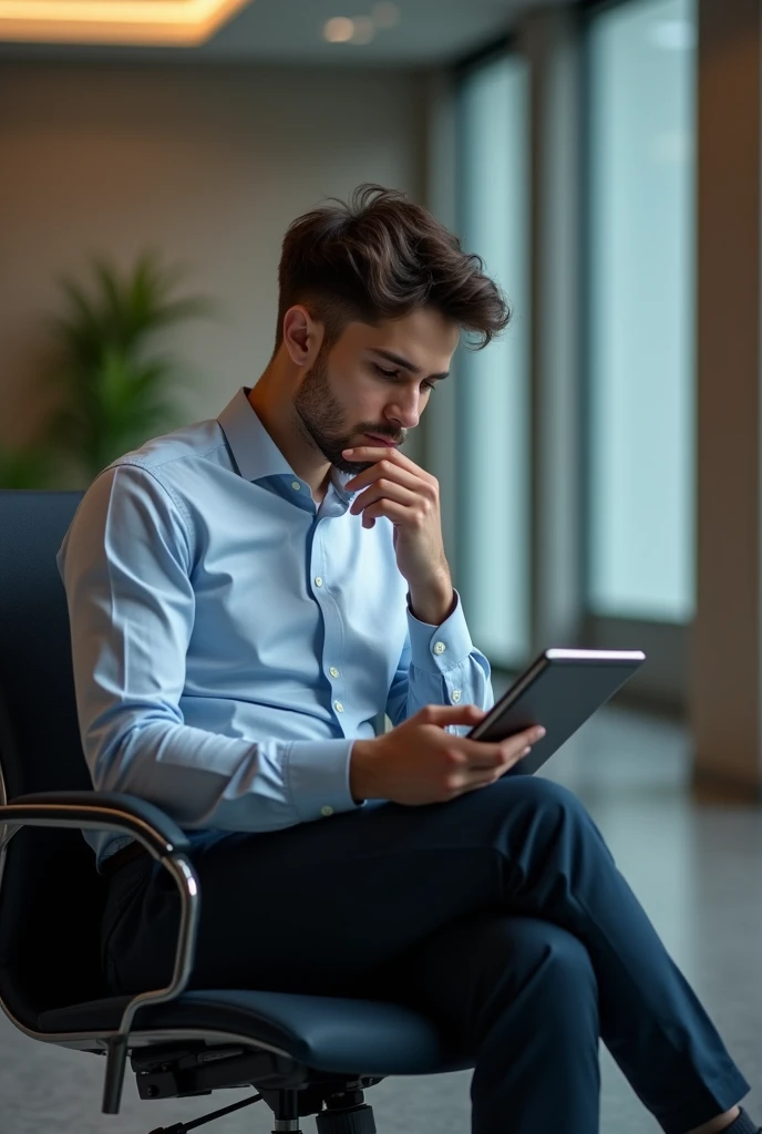 A young man thinking sitting office chair with a tablet on his hand