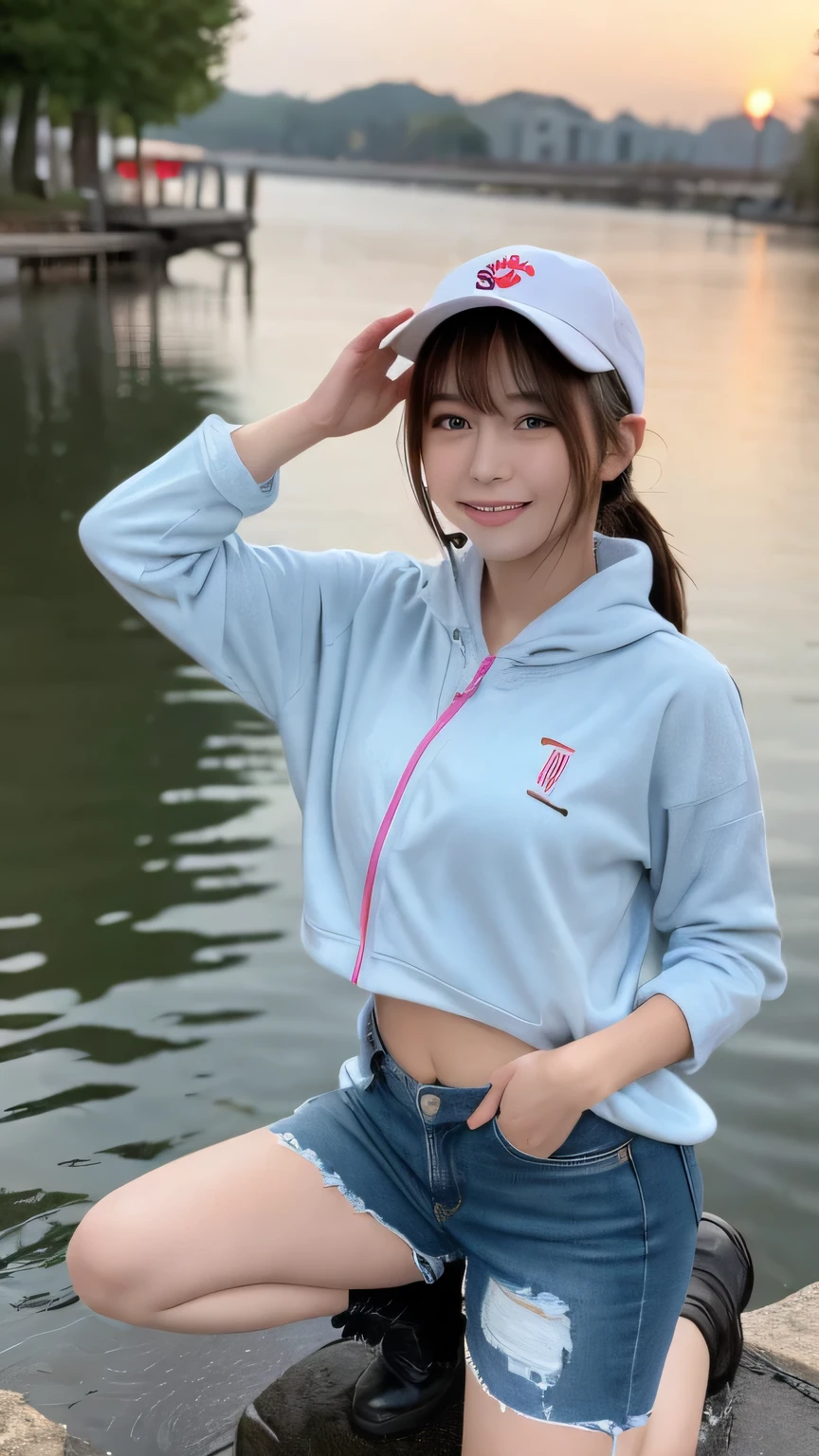 Best image quality (8k, High resolution, masterpiece: 1.2), Very detailed, Random Hairstyles, 26-year-old woman,
Extraordinary beautiful girl、Cute and beautiful face details、(Dealing with the Children_v1:0.008)、
score_9, score_8_upper, score_7_upper,
situation: A fishing girl enjoys early morning fishing on a quiet lakeside。The water surface sparkles in the morning sun.、She is staring at the float with a serious expression.。
system: Sitting on a small stone on the lake shore、Holding the fishing rod tightly。One foot on the ground、The other one is sitting with his knees up。
Camera angle: A shot of her from behind、Capture the tip of your fishing rod and the sunrise over the water together。I can see her concentrated expression.。
clothing: A light fleece jacket and jeans、Wearing waterproof boots。Wear a cap on your head、Hair tied in a ponytail。
,Active stop temporarily ,
On her side、The thunder danced。
Focus on the upper waist
, Random cute poses ,Big eyes ,Puffy eyes , Heart pupil, blush , Big shy smile , salute