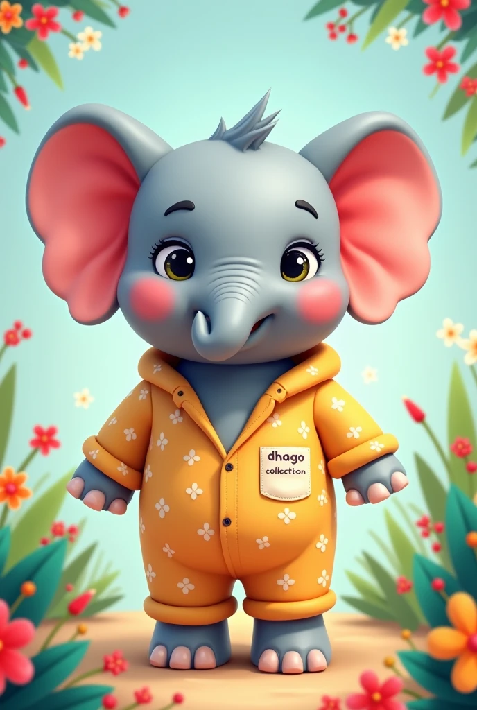A mascot elephant cartoon wearing a cute pjs set and in PJs set writen dhago collection in pocket side also some colorful and flowers 