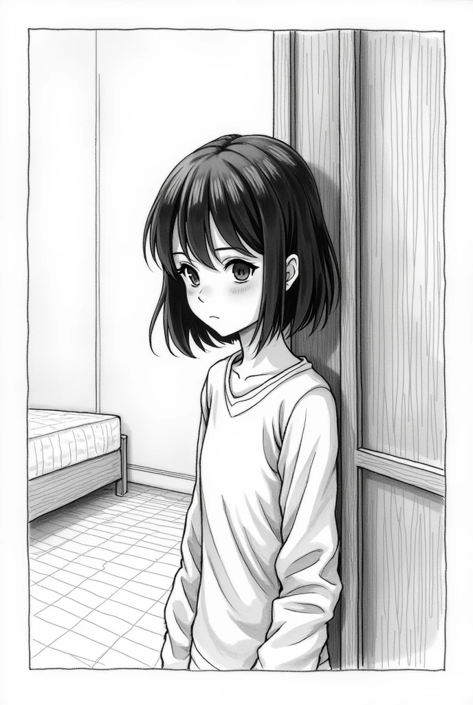 generate a girl, her hair is short and she's wearing long sleeve. but the art style must be black and white and a sketch, like a drawing from a pencil or pen only there's no other color in it. 

Make it a comics. and the prompt is she lock herself in her room feeling upset. 

The hair is down from her shoulder. 
