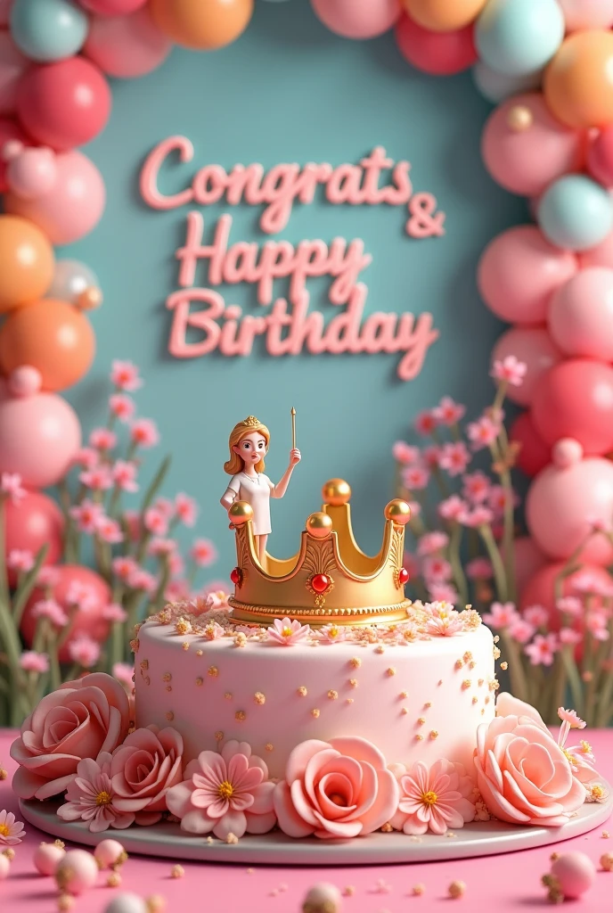 Birthday decoration written "CONGRATS & HAPPY BIRTHDAY JASMINE" with queen crown, flowers, female engineer and ballons