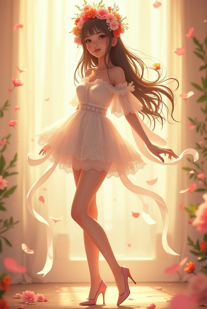 Ultra high quality,High heel,Long legs,Smile,Sunlight,Lace off-the-shoulder,White Dress,Wear flowers on your head,student,charming,Ribbon,Lace mini skirt