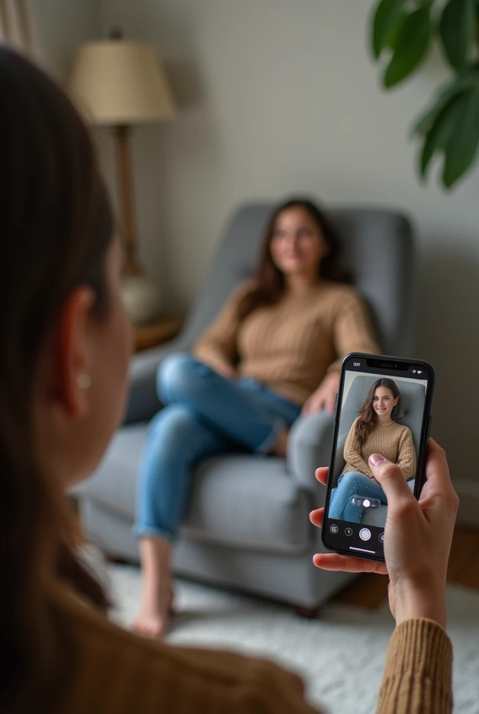 Person taking a photo with a cell phone of another person sitting on a sofa or full-body chair. 
The person is facing the camera
