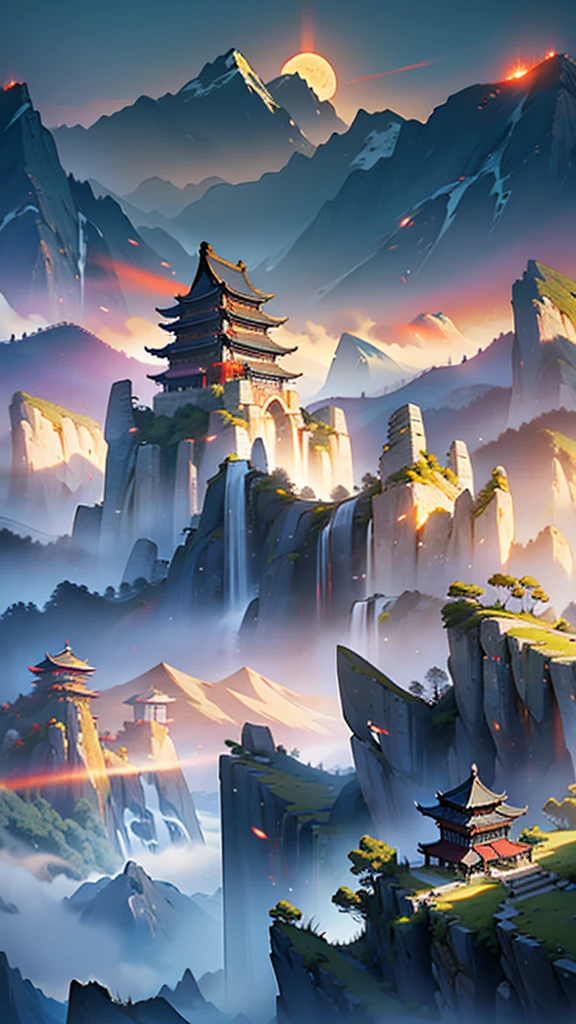 A panoramic view of ancient China, with majestic mountains and a mystical atmosphere. Add epic graphic elements and perhaps a rising sun to create a sense of grandeur.