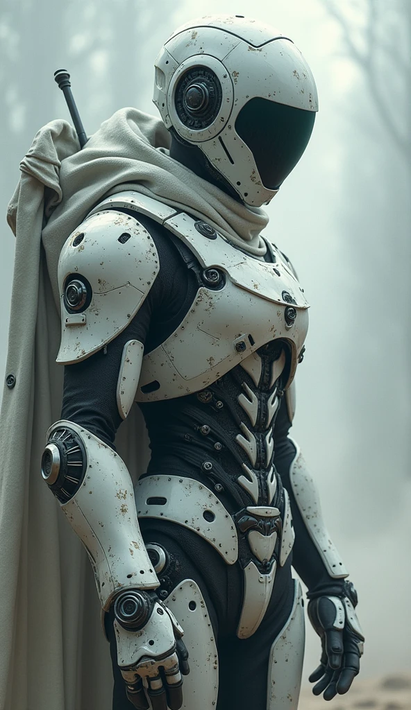 Dark fantasy art,Cyberpunk, White Mechanical Guardian,Put on a cybernetic jacket,Mechanical parts damage, cruel、Violence：1.1,(Dust clouds),(arena),(arms:1.1),(best quality, masterpiece)