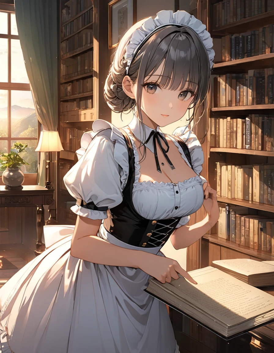 (masterpiece:1.3), (Highest quality:1.3),indoor,Bookshelf,window、Evening Light、(holdings ancient documents):1.2、Maid clothes+Dirndl、