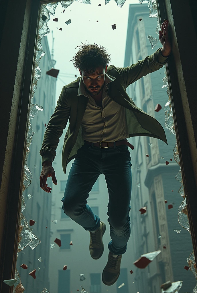 Hatherley jumping out of a window , with glass fragments in the air,  His clothes are torn and his hand is bleeding., but his expression shows desperation and determination.

