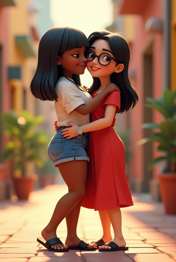PIXAR STYLE 3D two friends hugging each other, one with dark skin, chubby body, short straight black hair, white blouse, and denim shorts, flip-flops; the other woman, with white skin, thin body, long black hair, prescription glasses, red dress, high black sandals, watch on her arm