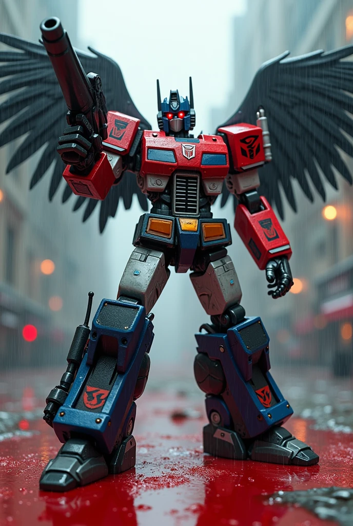 Create a 3D animated robot transformers with Nazi symbology, Neo-Nazis and Nazism with epic fighting poses and add to the scene poses of artistic sculptures stepping on their enemies soaked in red fluid, the atmosphere is cold, It&#39;s raining and it&#39;s dark, There are background gunshots and robots fighting, the protagonist has wings, a big sword and a big futuristic gun. Adolf Hitler in front pointing with euphoria 
