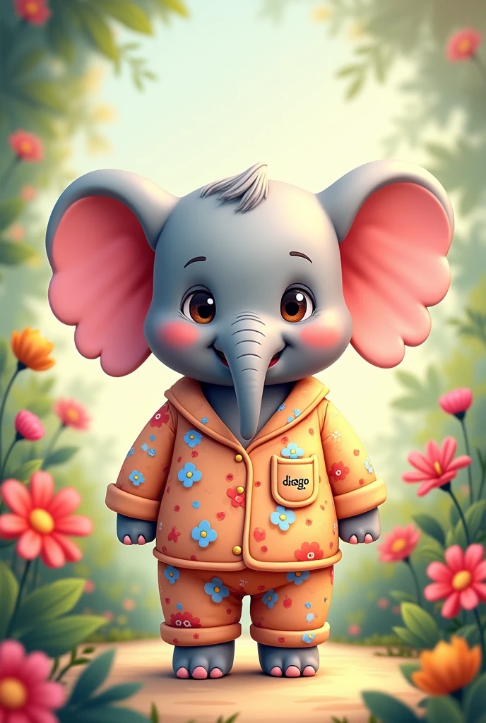 A mascot elephant cartoon wearing a cute pjs set and in PJs set writen dhago collection in pocket side also some colorful and flowers