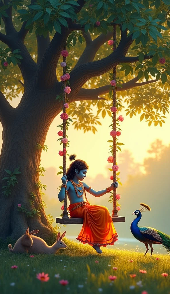 "Envision a tranquil twilight scene under the sprawling canopy of a majestic tree. Radha, resplendent on a swing draped in a cascade of vibrant flowers, enjoys the evening’s gentle caress. Krishna, adorned with a garland of blossoms and peacock feathers, playfully pushes the swing while beaming with joy. The cool evening breeze rustles through the leaves, and nearby, two rabbits frolic energetically. A peacock, standing regally near the swing, adds a touch of elegance to the serene tableau. Describe the interplay of light, color, and movement in this idyllic moment."