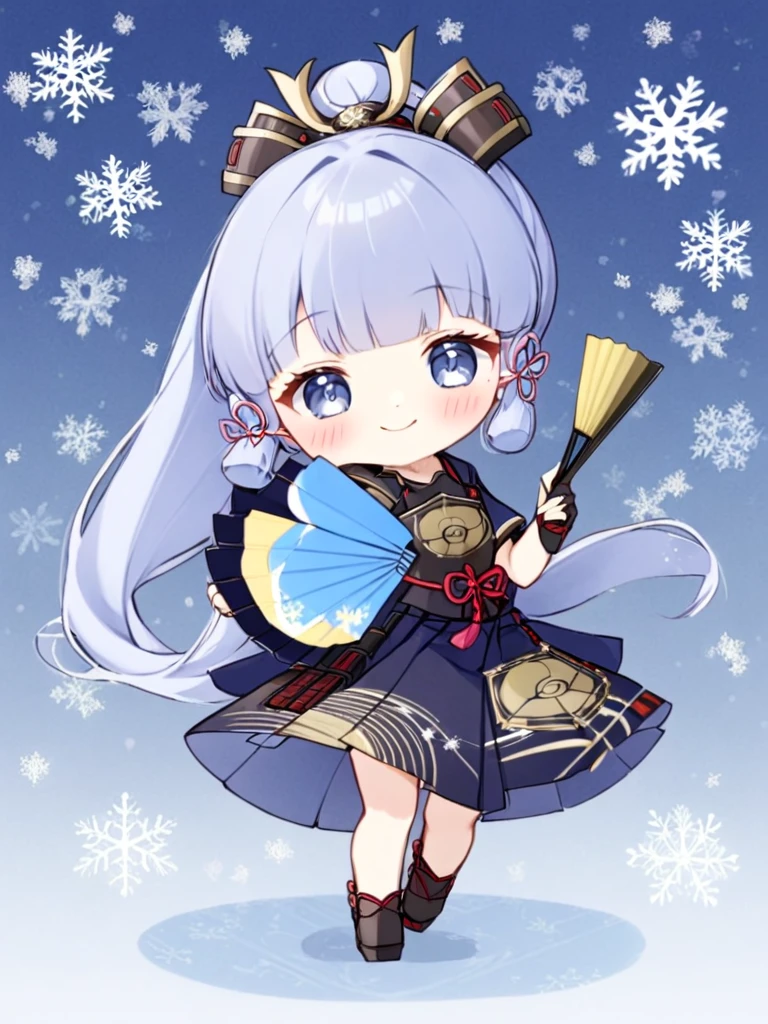 1girl, kamisato_ayaka, solo, hand_fan, chibi, smile, sidelocks, holding_fan, holding, tress_ribbon, looking_at_viewer, armor, full_body, folding_fan, snowflakes, japanese_armor, armored_dress, japanese_clothes, tabi, gloves, short_sleeves, grey_eyes, skirt, blush