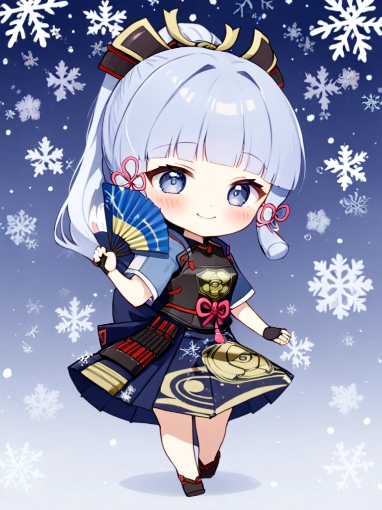 1girl, kamisato_ayaka, solo, hand_fan, chibi, smile, sidelocks, holding_fan, holding, tress_ribbon, looking_at_viewer, armor, full_body, folding_fan, snowflakes, japanese_armor, armored_dress, japanese_clothes, tabi, gloves, short_sleeves, grey_eyes, skirt, blush