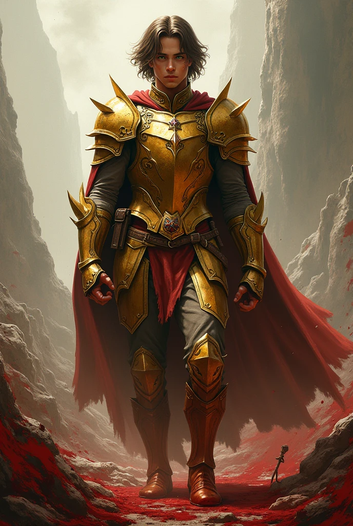 Create a young man without a beard, with long, shoulder-length brown hair and strong green eyes, wearing golden armor stained with the blood of his enemies