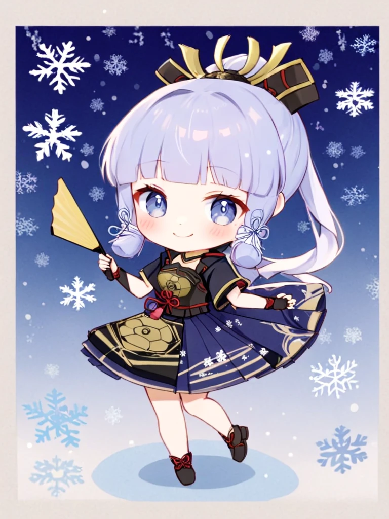 1girl, kamisato_ayaka, solo, hand_fan, chibi, smile, sidelocks, holding_fan, holding, tress_ribbon, looking_at_viewer, armor, full_body, folding_fan, snowflakes, japanese_armor, armored_dress, japanese_clothes, tabi, gloves, short_sleeves, grey_eyes, skirt, blush