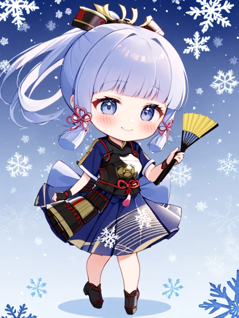 1girl, kamisato_ayaka, solo, hand_fan, chibi, smile, sidelocks, holding_fan, holding, tress_ribbon, looking_at_viewer, armor, full_body, folding_fan, snowflakes, japanese_armor, armored_dress, japanese_clothes, tabi, gloves, short_sleeves, grey_eyes, skirt, blush