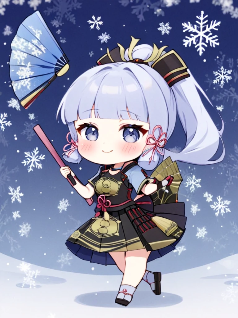 1girl, kamisato_ayaka, solo, hand_fan, chibi, smile, sidelocks, holding_fan, holding, tress_ribbon, looking_at_viewer, armor, full_body, folding_fan, snowflakes, japanese_armor, armored_dress, japanese_clothes, tabi, gloves, short_sleeves, grey_eyes, skirt, blush