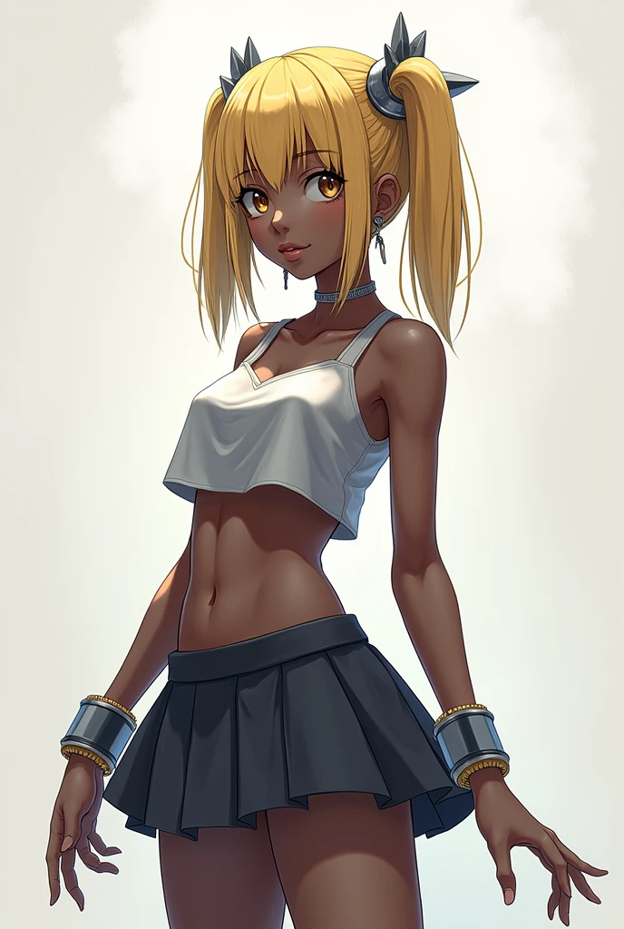 A girl with dark skin like anime, with a silver top, and bracelets on silver hands, with a silver skirt that covers her right leg but the left leg is very short up to the thigh, Her hair is straight, waist-length and is light yellow in color., Her hair is loose but she has two pigtails in the back., and has silver accessories on his head