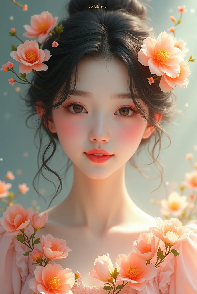 A korean girl size upto heart
With warm smile facing front looks like an heavenly princesses neck covered with flowers or dress